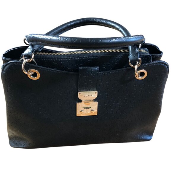 Guess Black Handbag Embossed Logo Faux Leather Purse Gold-Tone Hardware Handles - Picture 13 of 15